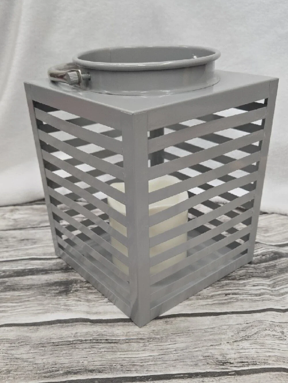 Gray Slatted Metal Lantern with Flameless Candle